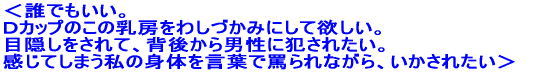 ＜誰でもいい。 Ｄカップのこの乳房をわしづかみにして欲しい。 目隠しをされて、背後から男性に犯されたい。 感じてしまう私の身体を言葉で罵られながら、いかされたい＞