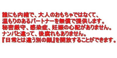 誰にも内緒で、大人のおもちゃではなく温もりのあるパートナーを無償で提供します。秘密厳守、感染症、妊娠の心配なく、ナンパと違い後腐れもありません。『日常とは違う別の顔』を開放することができます。