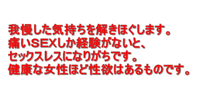 我慢した気持ちを解きほぐします。痛いＳＥＸしか経験がないとセックスレスになりがちです。健康な女性ほど性欲はあるものです。